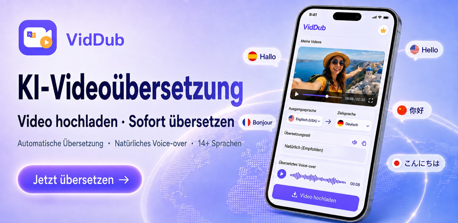 VidDub übersetzt ein Video mit eingebrannten Untertiteln im Browser