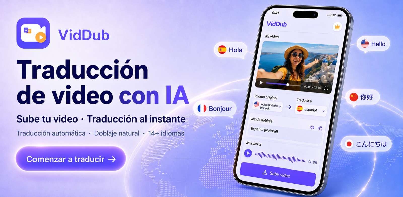 VidDub traduciendo un video con subtítulos incrustados en el navegador