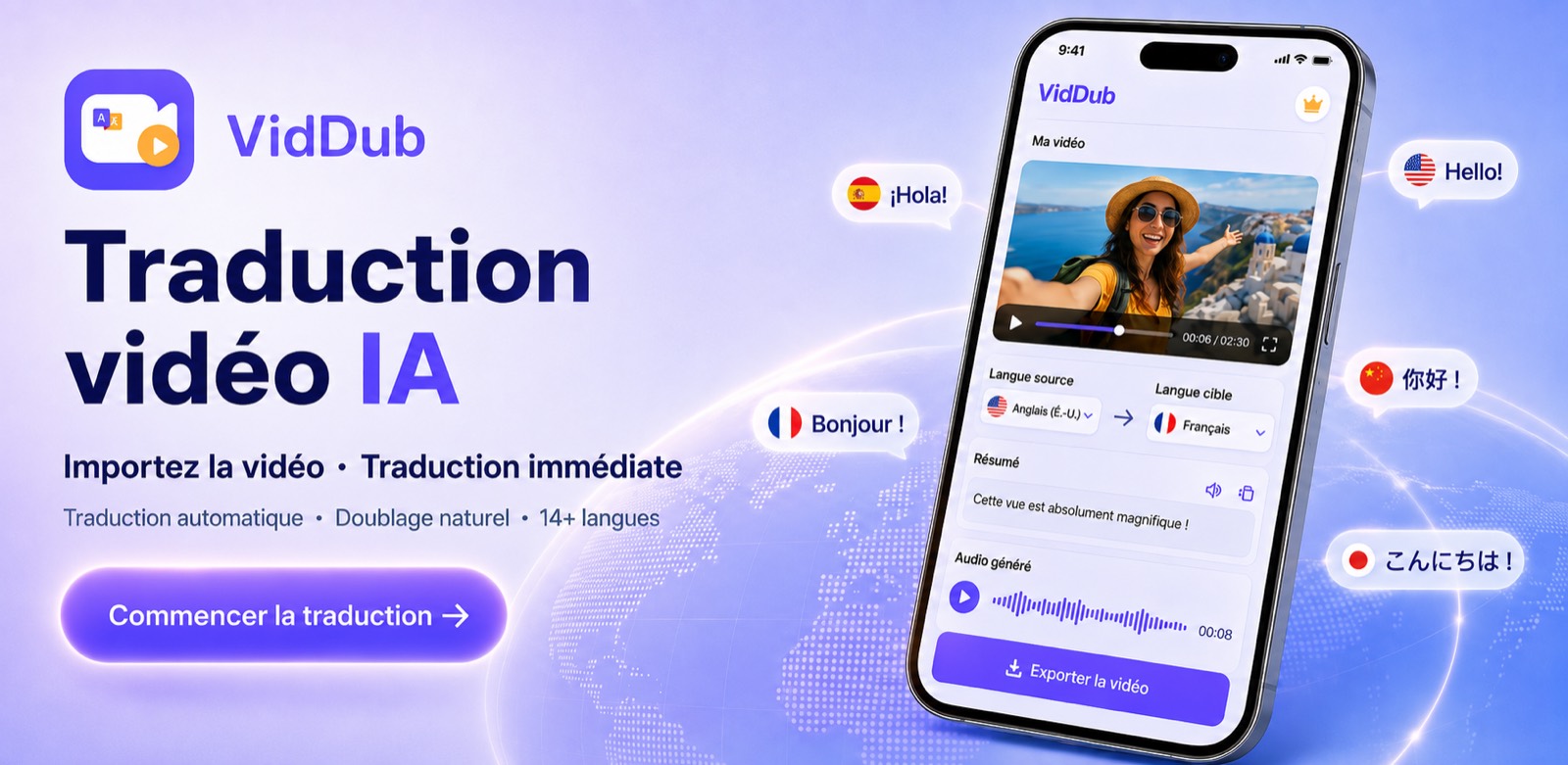 VidDub traduisant une vidéo avec sous-titres incrustés dans le navigateur